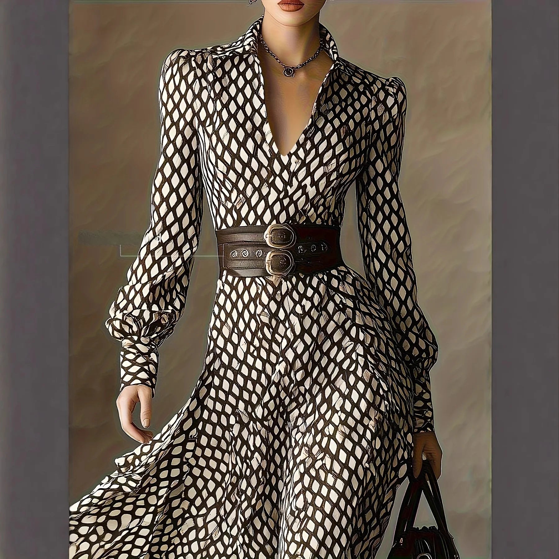 Women's Vintage Plaid Print Shirt Dress V-neck Bubble Long Sleeve High Waist Slim A- line Skirt Elegant Midi Dress Autumn Fashio