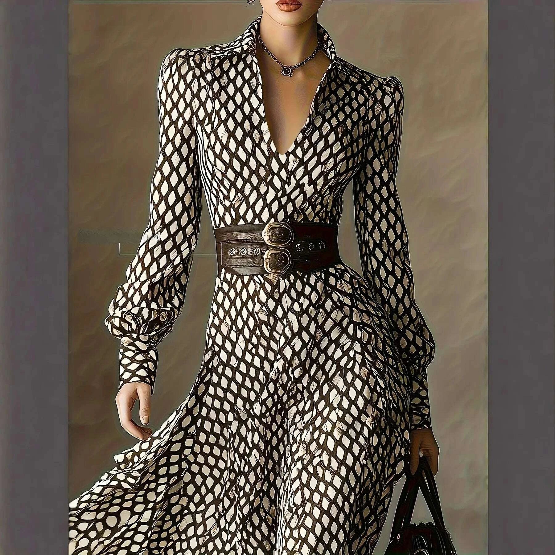 KIMLUD, Women's Vintage Plaid Print Shirt Dress V-neck Bubble Long Sleeve High Waist Slim A- line Skirt Elegant Midi Dress Autumn Fashio, KIMLUD Womens Clothes