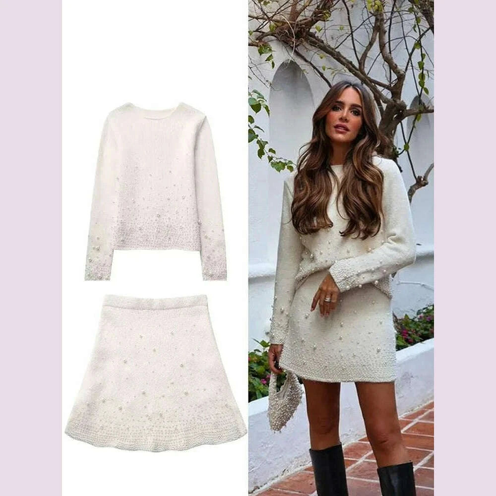 KIMLUD, Solid Pearl Knitted Skirt Sets Women Long Sleeve O-neck Elegant Fashion Pullover Sweater Mini Skirts Female Casual 2 Piece Suit, KIMLUD Womens Clothes