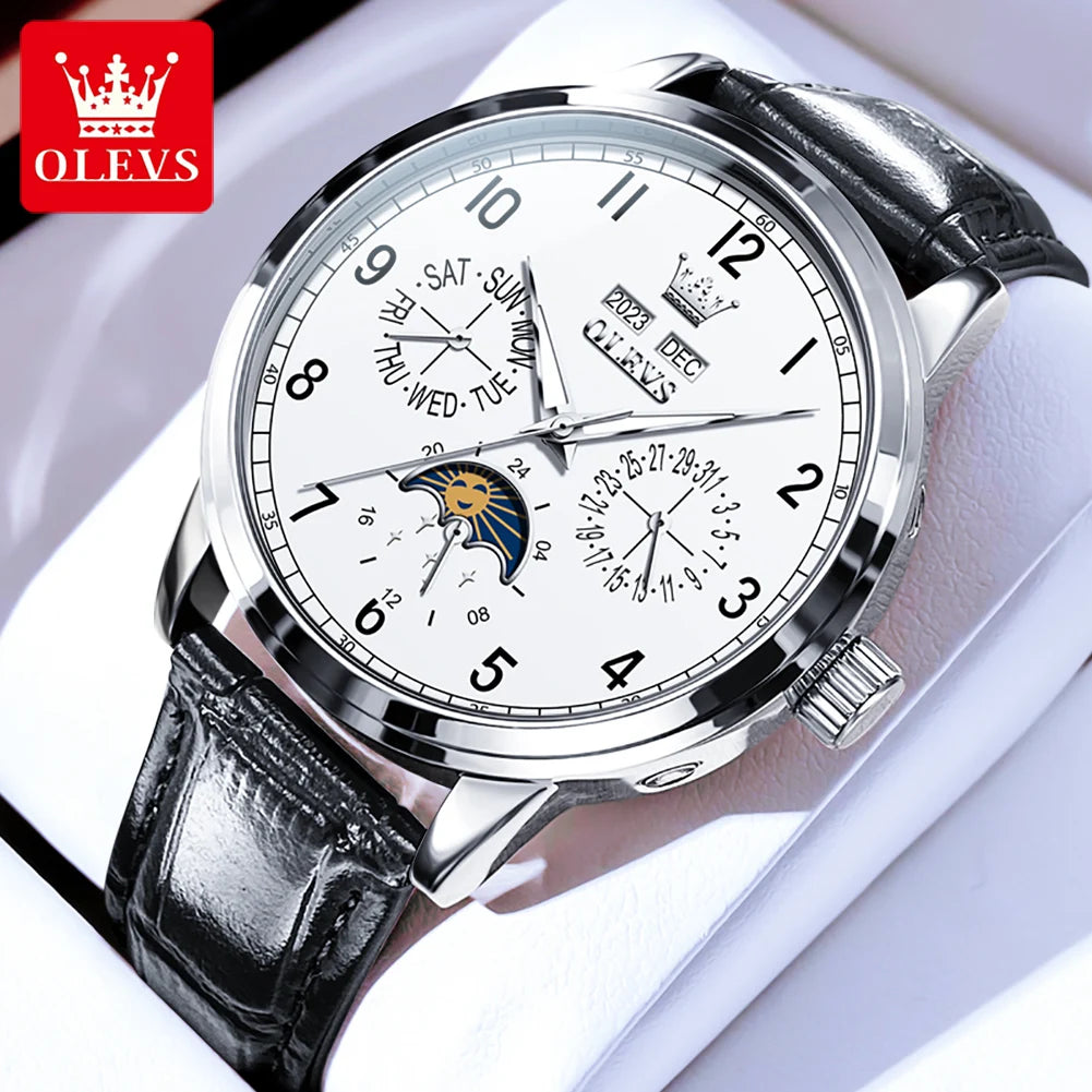 OLEVS 6698 Mens Watch Luxury Dress Brand Moon Phase Automatic Mechanical Watch For Men Leather Waterproof Dual Calendar Watch