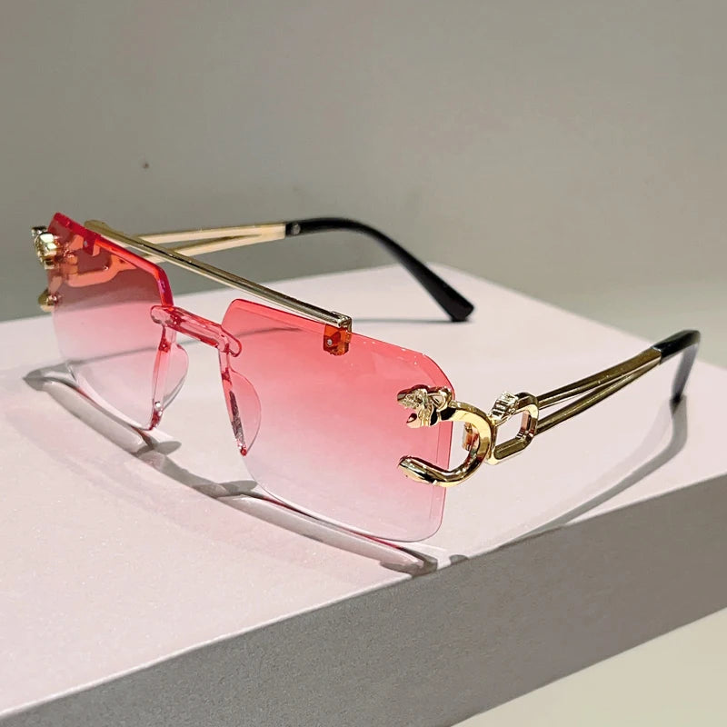 Rimless Sunglasses Square With Gradient Brown-To-Amber Lenses And Adjustable Nose Pads — Black | KIMLUD