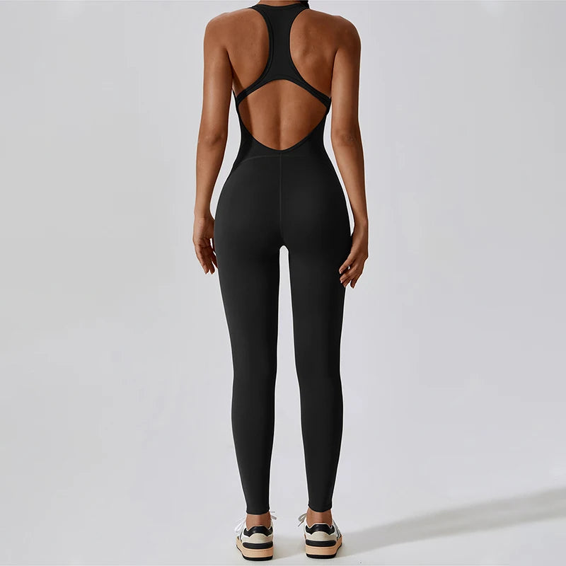 Nylon Tracksuit Jumpsuit Bodysuit — Athletic One-Piece Yoga Set — Black | KIMLUD