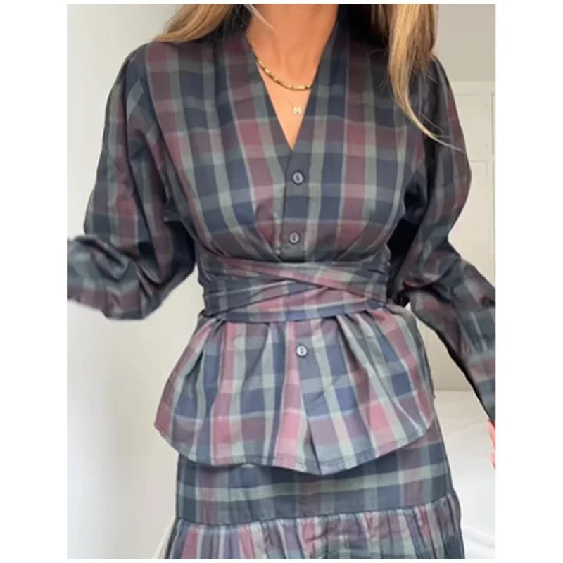 KIMLUD, Casual V-neck Checkered Lace Up Suit Women Fashion Long Lantern Sleeves Single-breasted Slim Set 2025 Lady Commute street Outfit, KIMLUD Womens Clothes