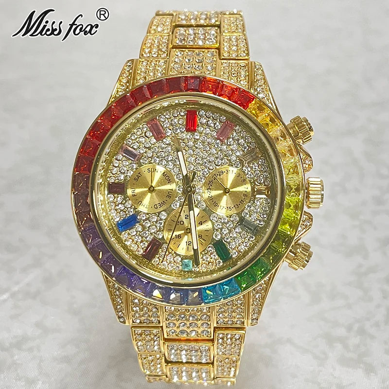Stainless Steel Smartwatch Hip Hop Rainbow Pavé Diamonds — Gold | KIMLUD