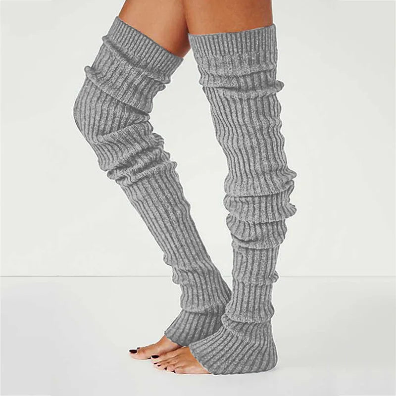 Knitted Cotton Blend Leg Warmers Knee High — Black | KIMLUD
