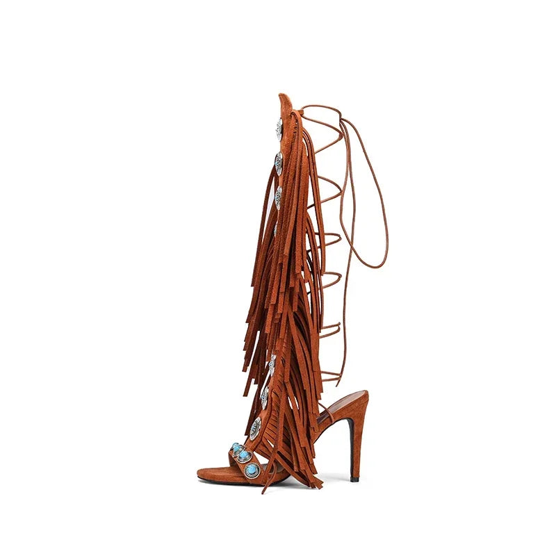 Lace-Up Peep-Toe Knee-High Sandals Microfiber Upper — Black | KIMLUD