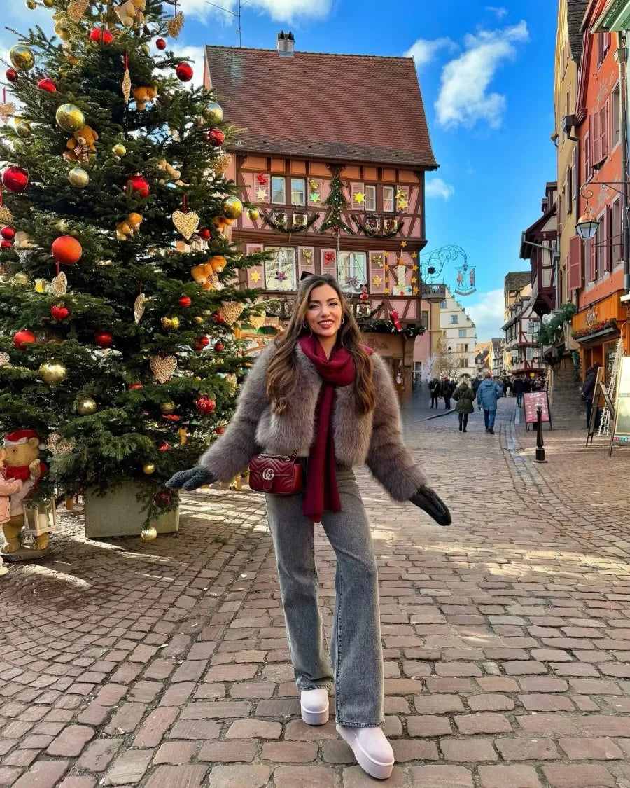 Faux fur jacket 2025 Fall/Winter New Fashion Women's Faux Fur Effect Round Neck Long Sleeve Short Jacket