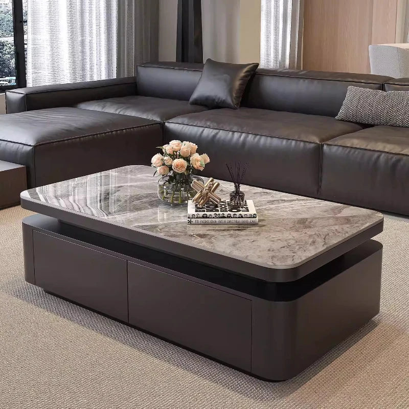 Minimalist Rock Slab Storage Coffee Table — Deep Graphite Black | KIMLUD