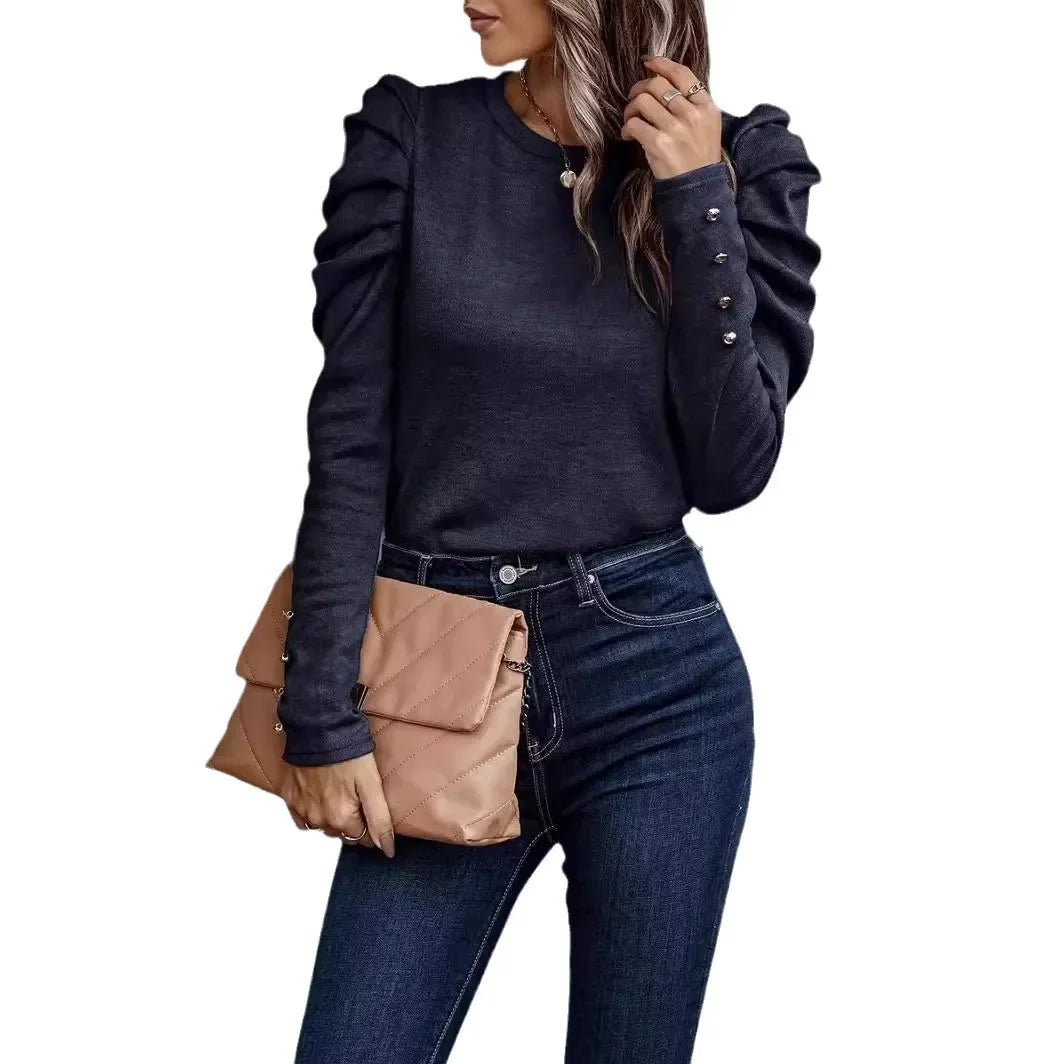 Long Sleeve Blouse – O-Neck Puff Sleeve – Knit – Solid Office Top | KIMLUD