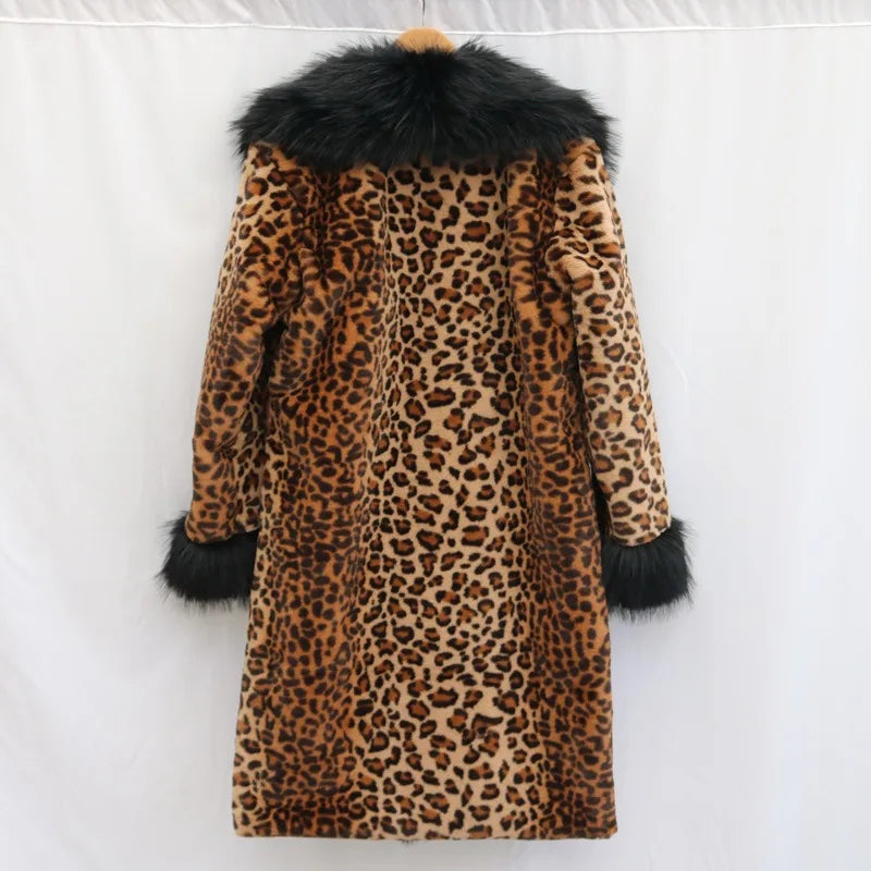 Women's Clothing Leopard Print Coat Long Coat Mink Fur Overcoat Fox Fur Fur Collar Winter Warm Windbreaker Loose Fit Plus Size