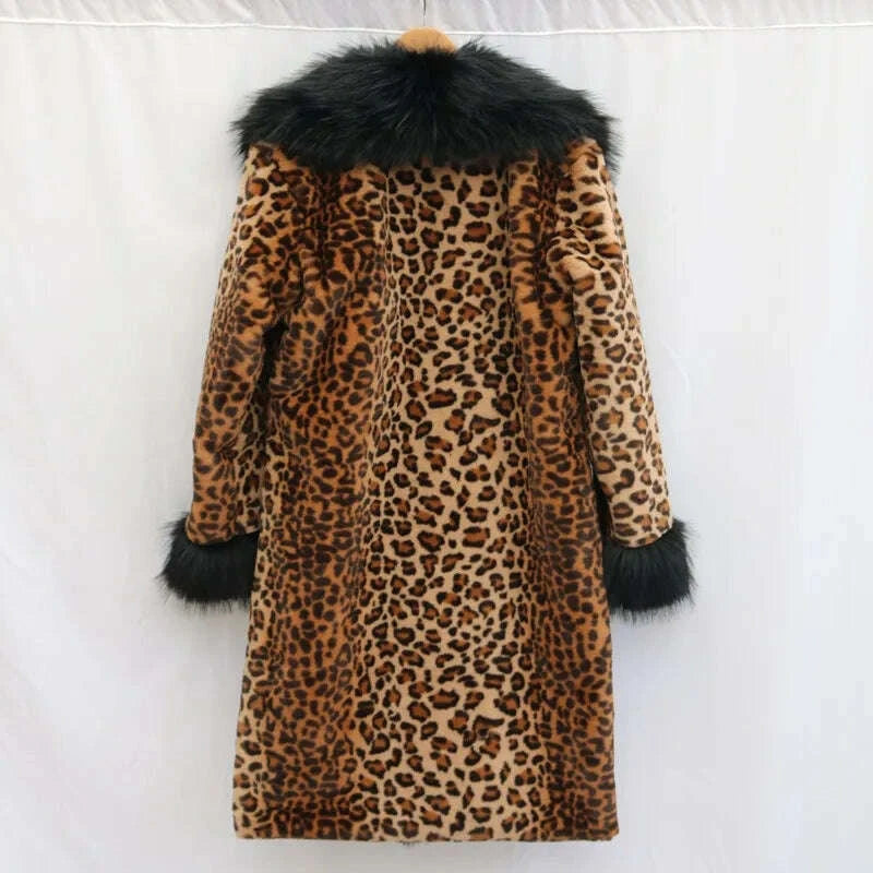 KIMLUD, Women's Clothing Leopard Print Coat Long Coat Mink Fur Overcoat Fox Fur Fur Collar Winter Warm Windbreaker Loose Fit Plus Size, KIMLUD Womens Clothes