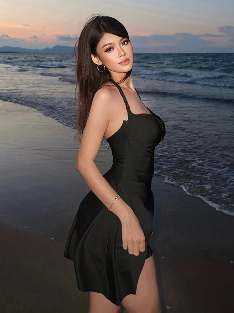 Metallic Satin Dress Halter Backless Ruched — Black | KIMLUD