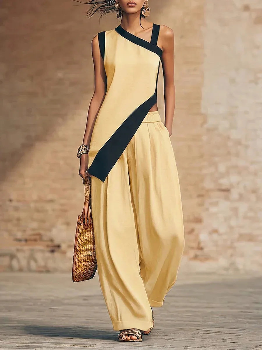 Wide Leg Color Block Pants And Top Set — Black | KIMLUD