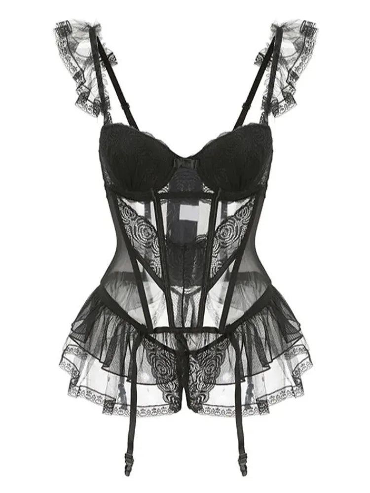 WOMENGAGA Fairy Lace Mesh Sexy Black Mini Tank Summer Beach Dress Elegant Ruffles Tops Autumn Sweet Korean Women 2022 CP8L