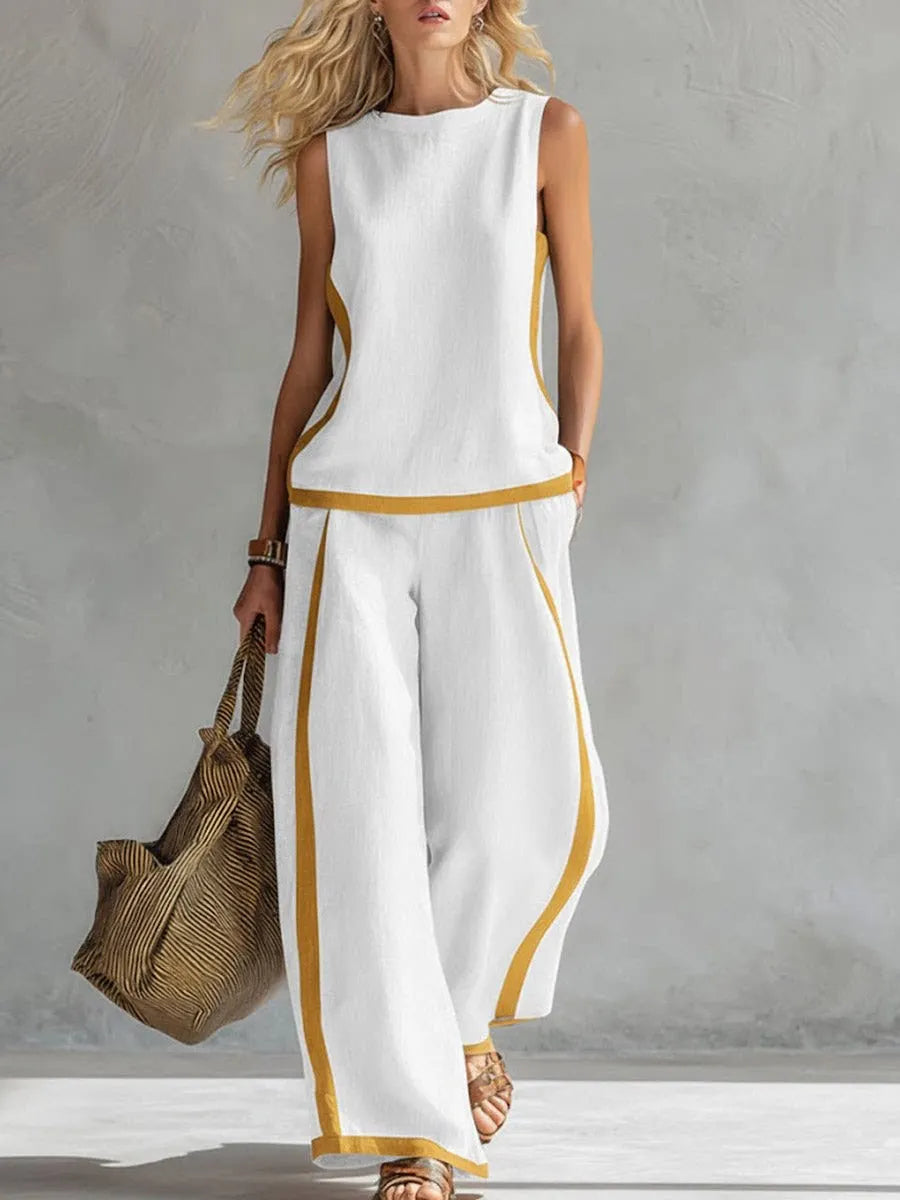 Women's 2-piece Set 2026 New Sleeveless Contrast Wide Leg Pants Suit Summer Casual Fashion Two-piece Trendy Style Women Clothing