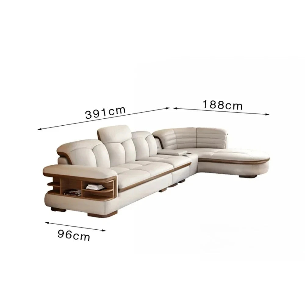 Genuine Leather Solid L-Shaped Sofa — Black | KIMLUD