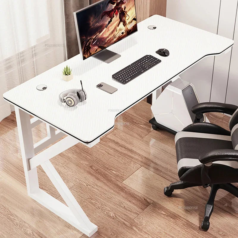 Metal Frame Modern Simple Office Desk Rectangular Work Surface With LED Edge — Black | KIMLUD