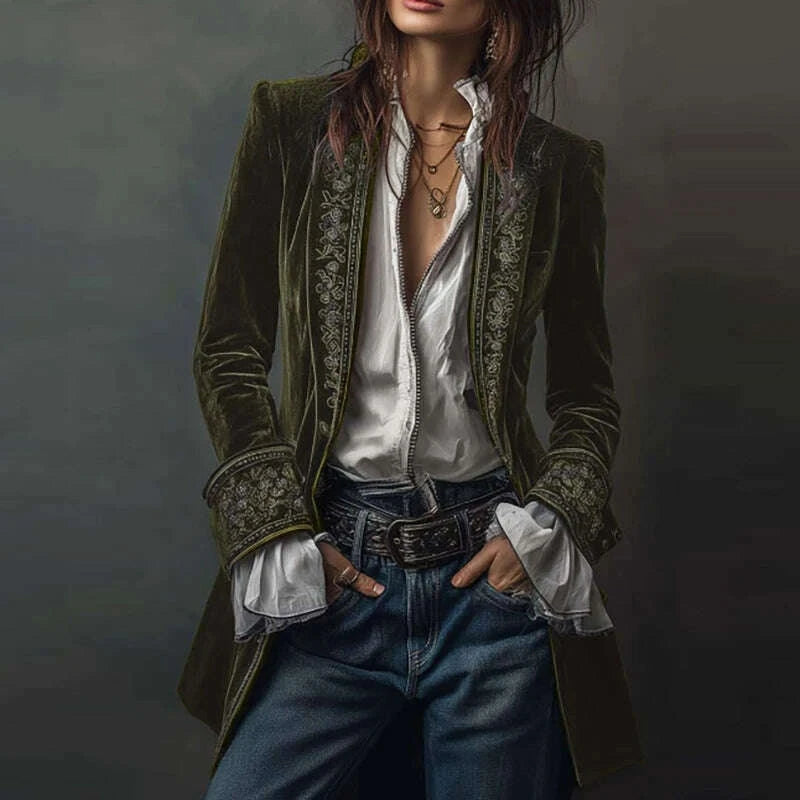 KIMLUD, Ethnic Retro Floral Print Velvet Woman Blazer Jacket Sexy Notched Collar Slim Autumn Outerwear Long Sleeve Winter Cardigans Coat, KIMLUD Womens Clothes