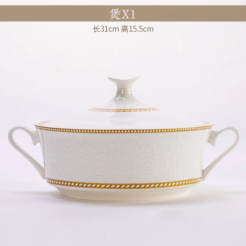 Bone China Bowl With Relief Rose And Gold Trim — White | KIMLUD