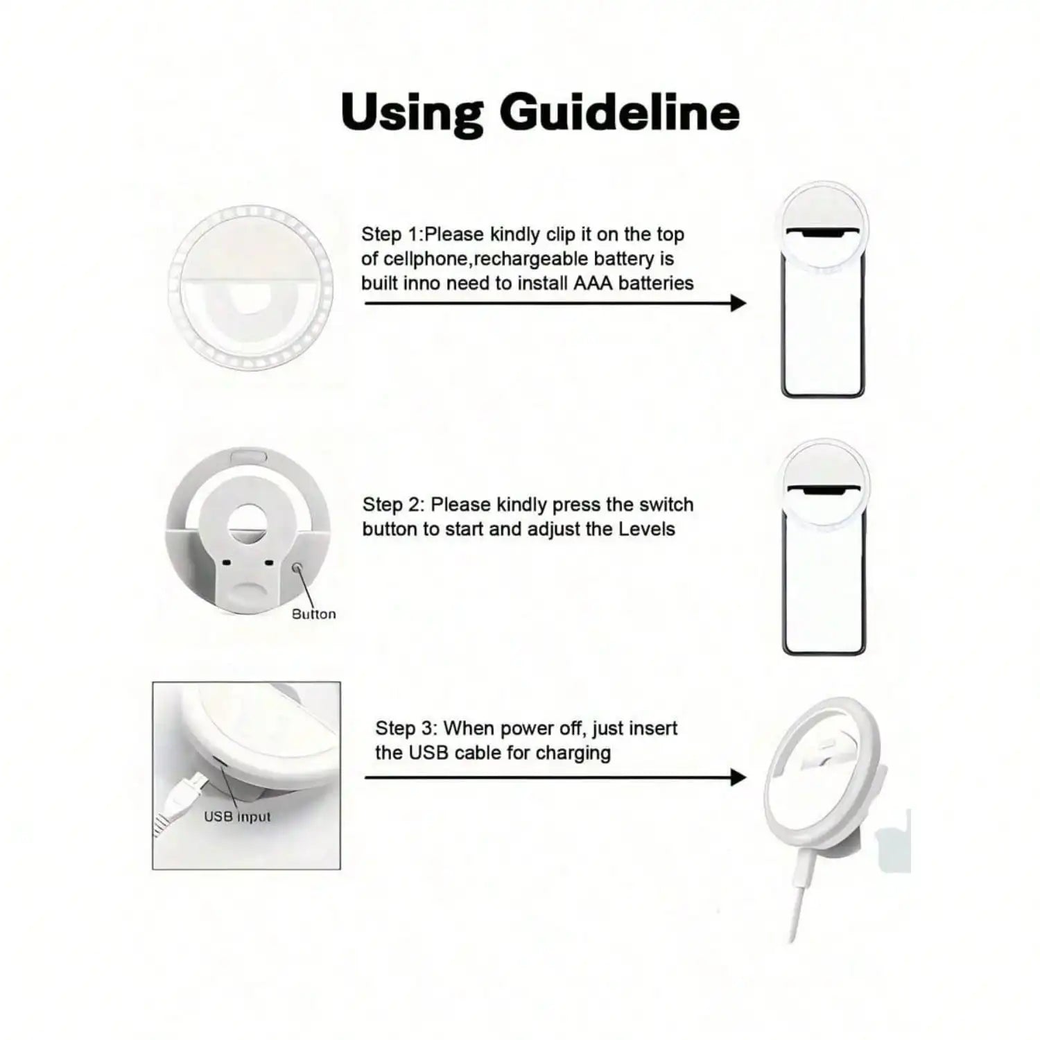 1pc Portable LED Selfie Light, USB Rechargeable Clip-On Ring Lamp With Adjustable 3-Level Brightness, Compact Travel Gadget