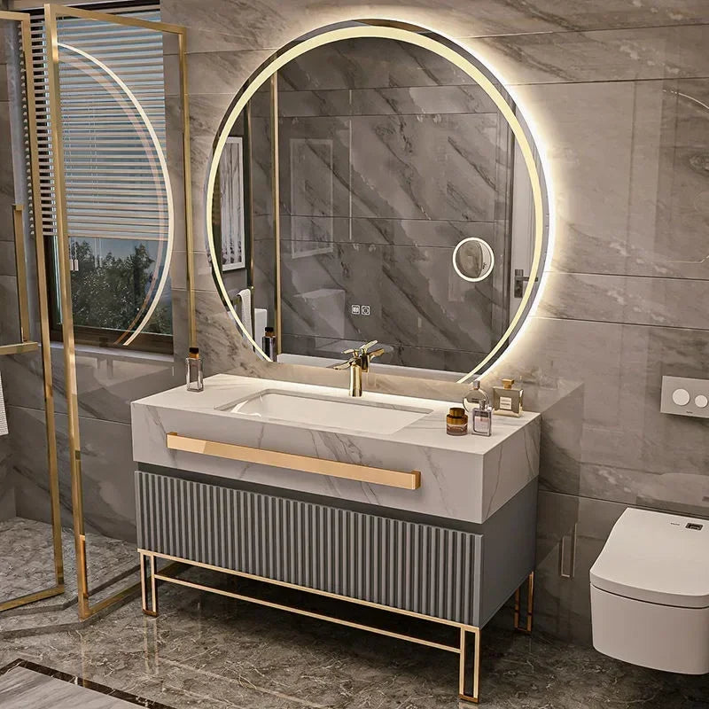Oak Vanity Cabinet With Rock Slab LED Lighting — Grey | KIMLUD