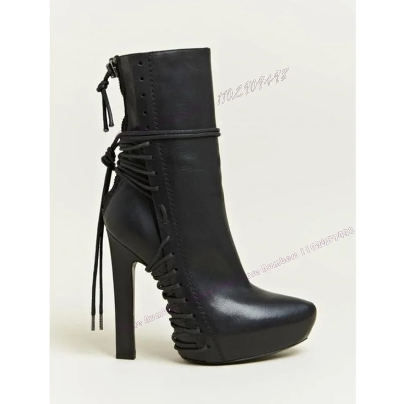 Black Matte Leather Cross Tied Ankle Boots Po inted Toe Shoes for Women Thin High Heels Sexy Lady Shoes 2025 Zapatos Para Mujere