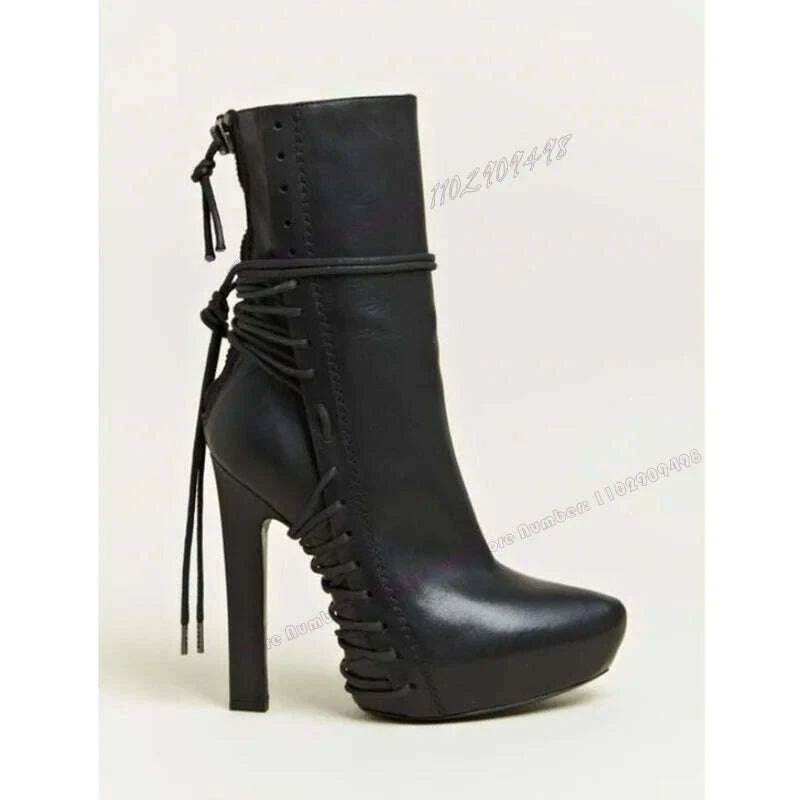 KIMLUD, Black Matte Leather Cross Tied Ankle Boots Po inted Toe Shoes for Women Thin High Heels Sexy Lady Shoes 2025 Zapatos Para Mujere, KIMLUD Womens Clothes