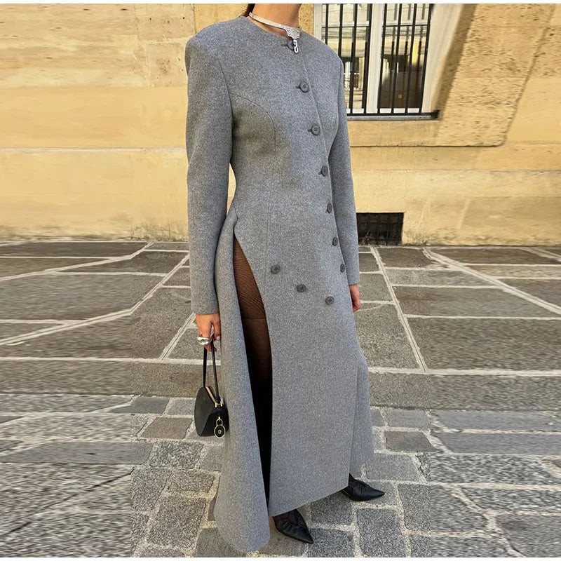 Women's Long Grey Woollen Coat O-neck Full Sleeve Asymmetric Button Design Elegant Silhouette Warm Outerwear 2025 Autumn Coat