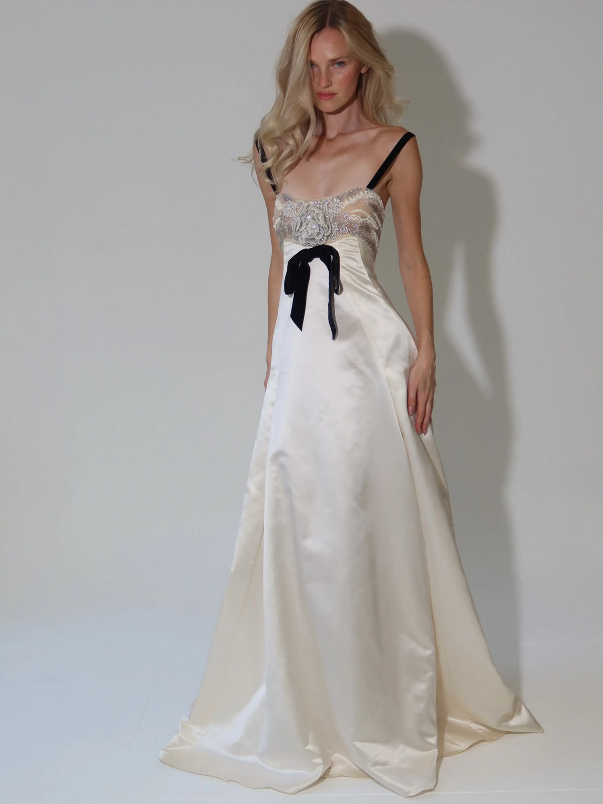 Evening Gown – Crystal Beaded Corset Bow – A-Line Silhouette – Ivory | KIMLUD