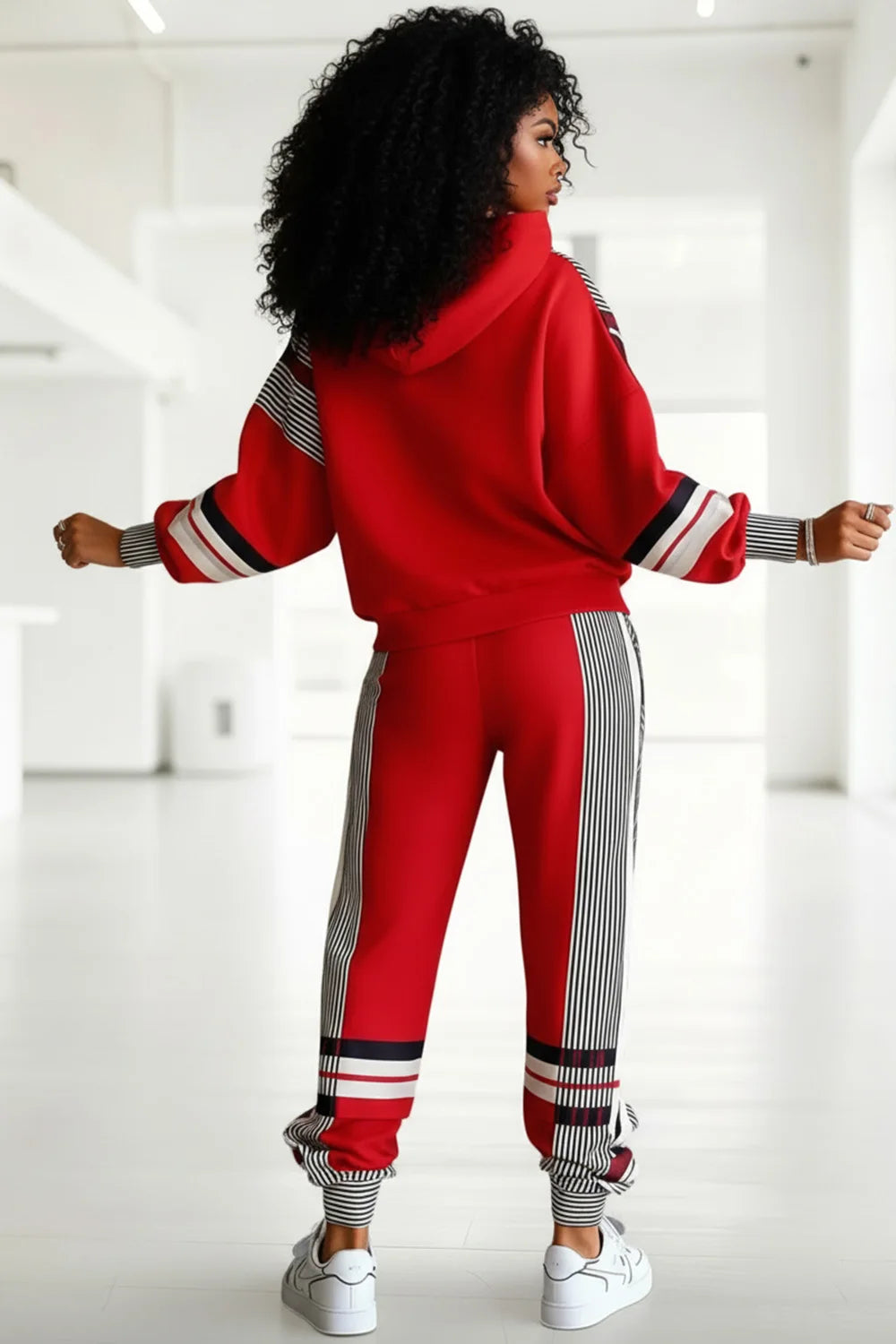 Hooded Plus-Size Striped Ruched Sweatshirt — Red | KIMLUD