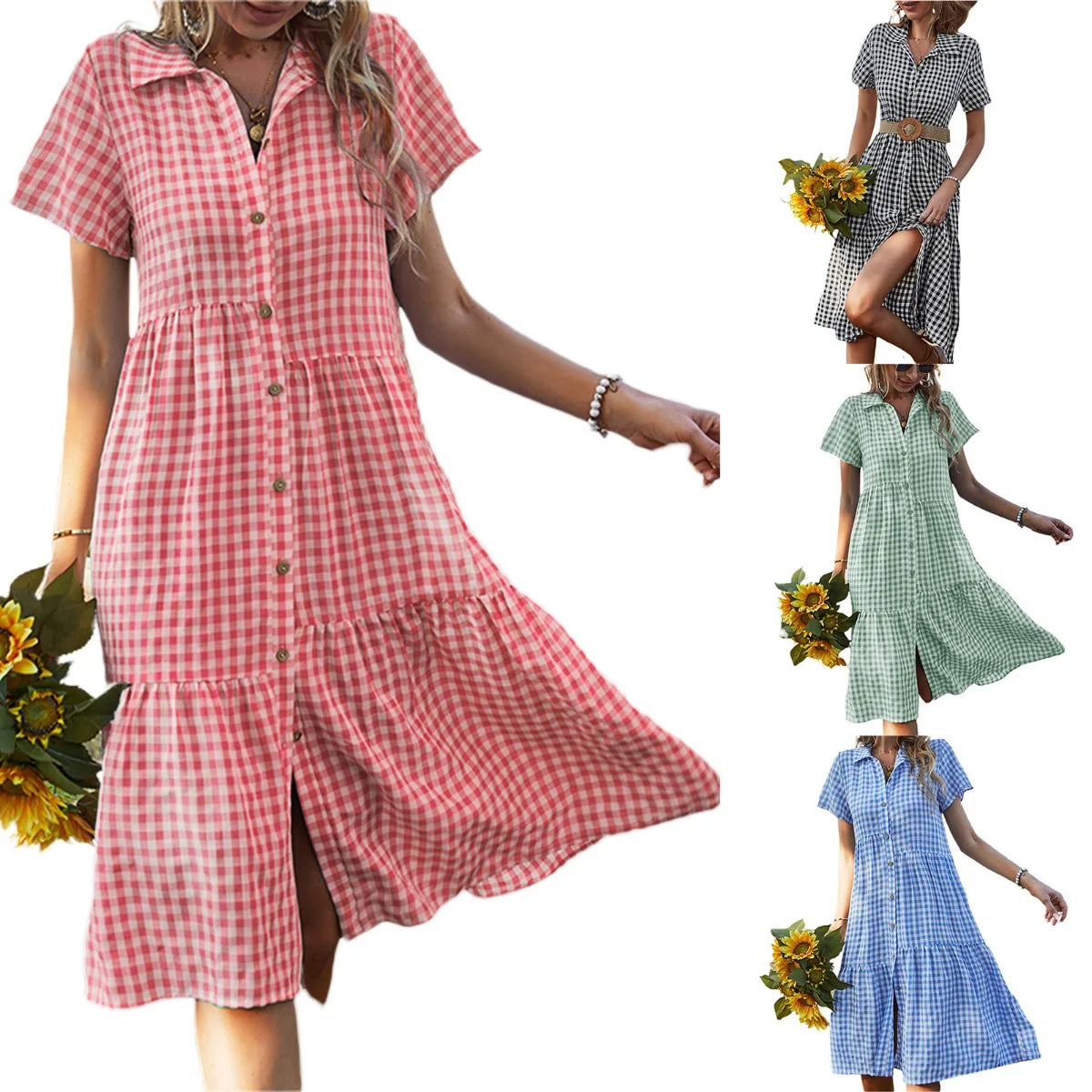 2026 Women's Checkered Short-Sleeve Shirtdress Single-breasted Button-down Short-sleeved Dress Casual Country-style Long Dress