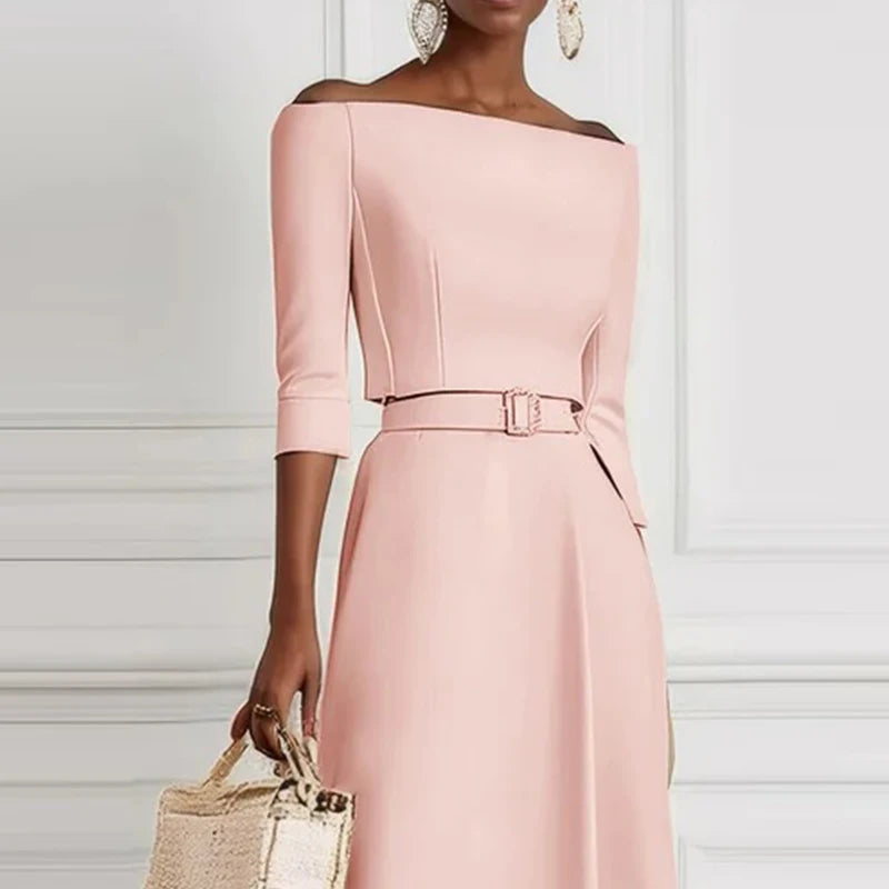 Office Ladies Elegant Solid High Waist Party Dress 2025 Spring Crew Neck Hollow Long Dress Autumn Long Sleeve A-Line Maxi Dress