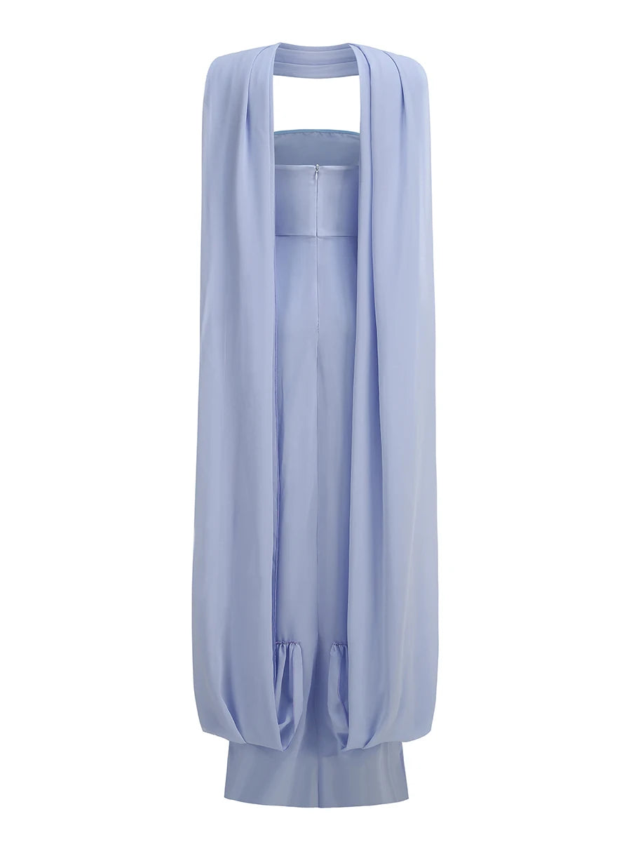 Evening Dress – Strapless Pleated Ruched – Polyester – Light Blue | KIMLUD