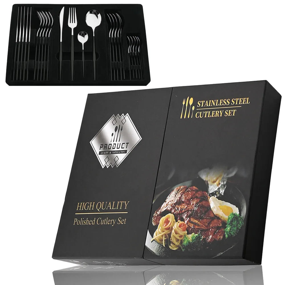 Gold Tone Cutlery Set With Black Handles — Black | KIMLUD
