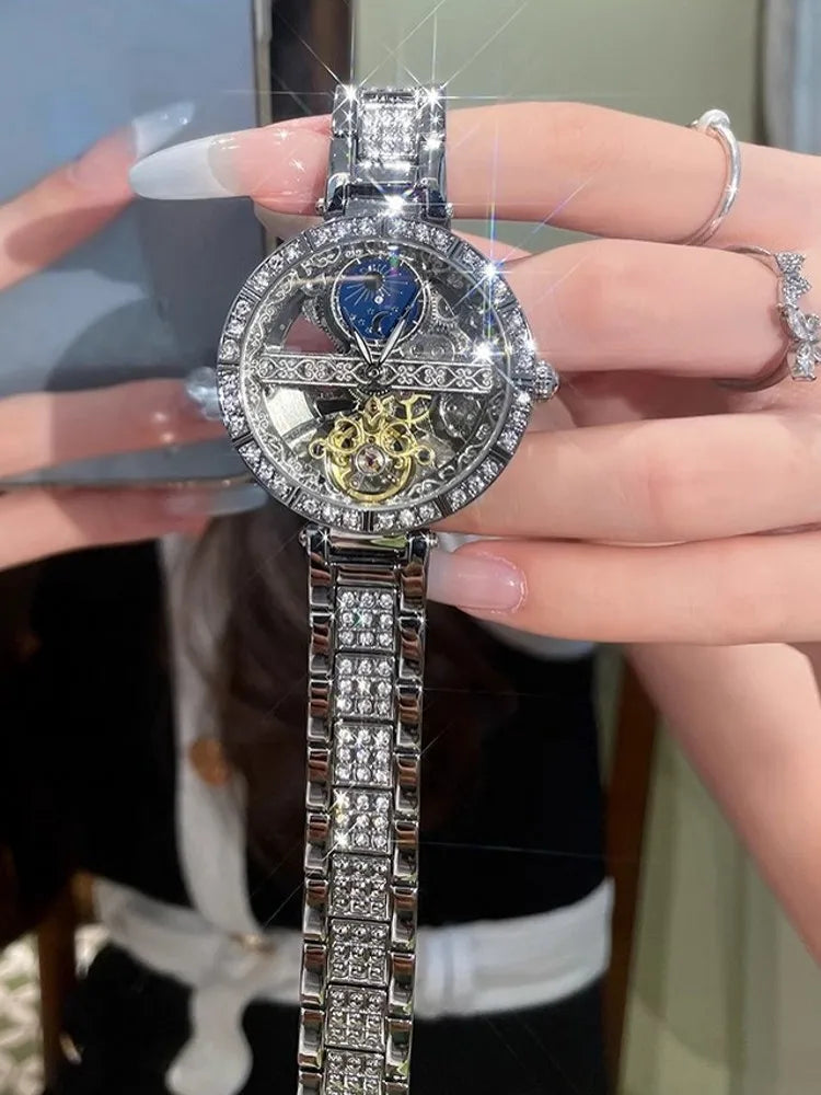 Stainless Steel Diamond Studded Wristwatch — Silver | KIMLUD