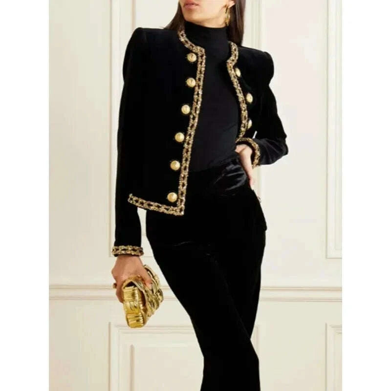 KIMLUD, Plus Size Luxury Bright Silk Velvet Jackets Women 2025 Autumn Winter O Neck Long Sleeve Double Gold Button Out Going Coat 184065, KIMLUD Womens Clothes