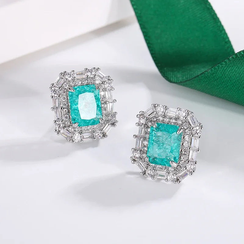 Sterling Silver Geometric Stud Earrings AAAA Zircon — Green | KIMLUD
