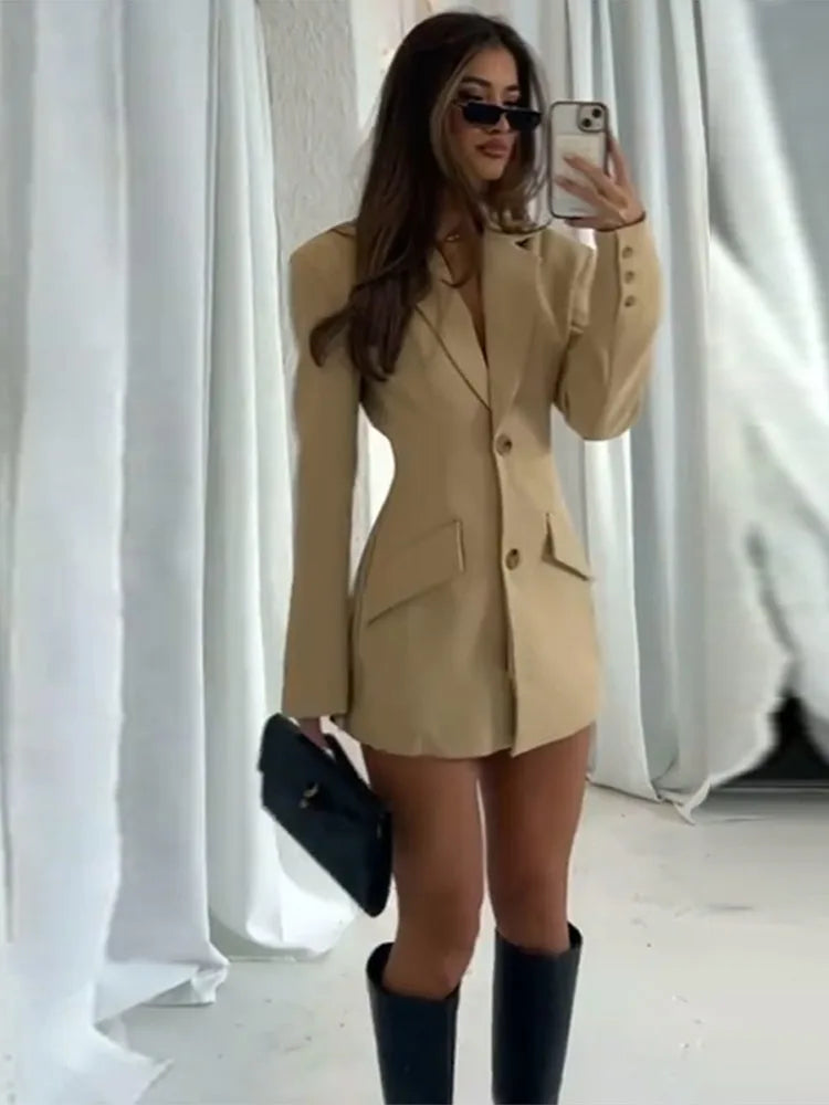 Fashion Lapel Single Breasted Suit Mini Dress Women Solid Full Sleeve Pad Shoulder Waist-cinching Short Robes Lady Chic Dresses