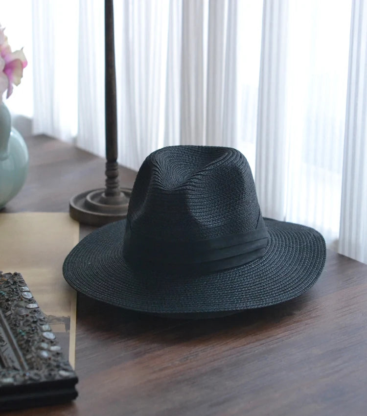 KIMLUD, Big Head Panaman Straw Hat with Foldable Straw Woven Hat Plus Size 60-64cm Men Jazz Top Hat Sun Protection Sun Shading Hat, Black / 55-57cm, KIMLUD Womens Clothes