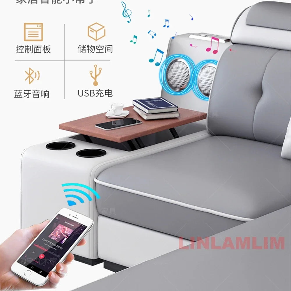 Linlamlim Modern Scientific Fabric Sectional Sofa Set with Chaise Lounge, Bluetooth Speakers, USB Charging Ports for Living Room