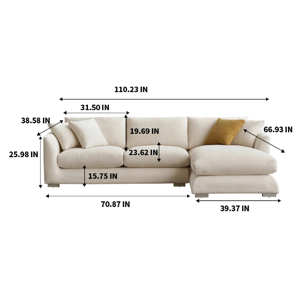 L-Shaped Cloud Down Chaise Sofa With Linen Upholstery And Removable Washable Covers — Ivory | KIMLUD