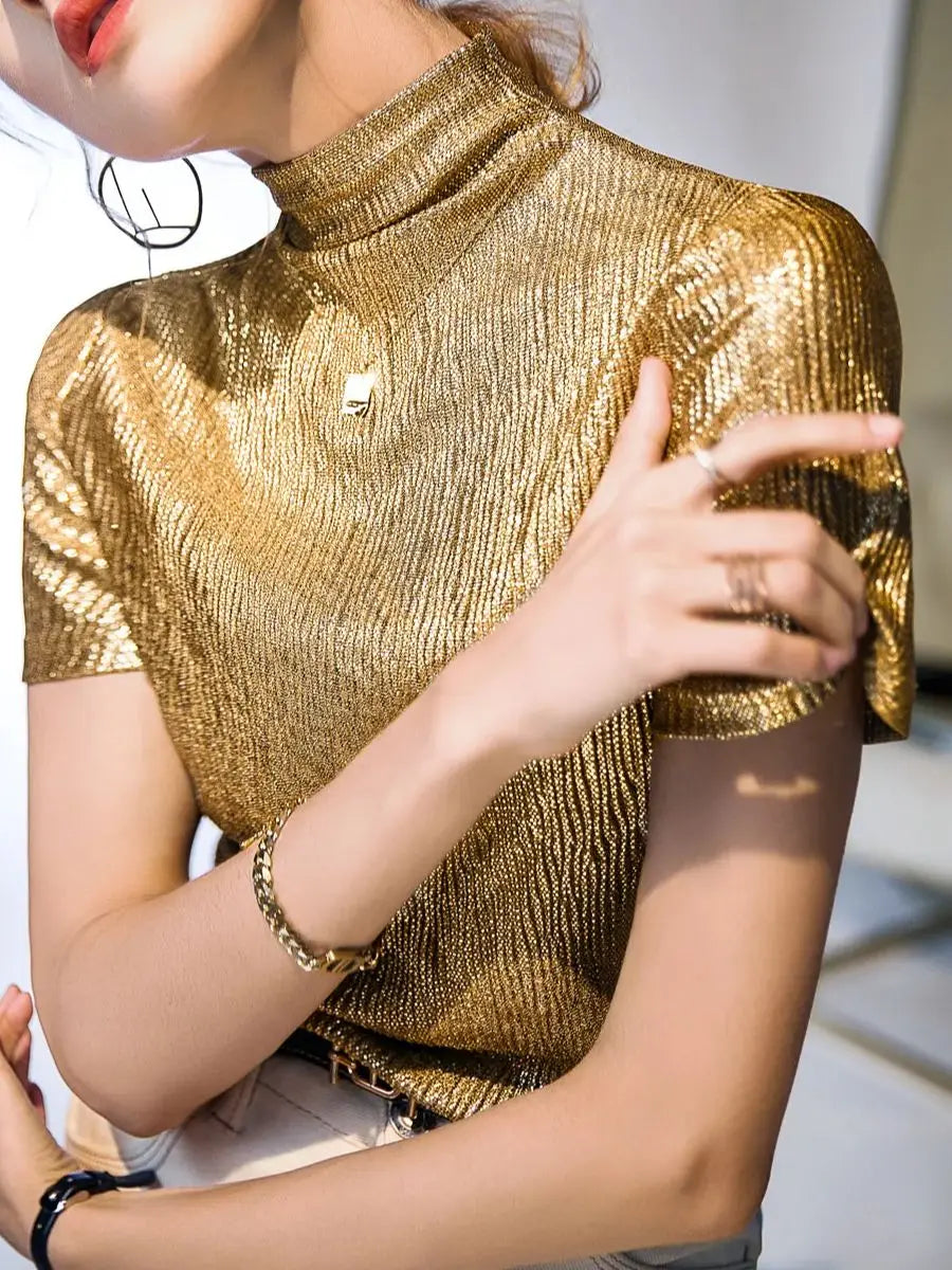 Turtleneck Short Sleeve Top – Shiny Fabric – Blended Knit – Slim | KIMLUD