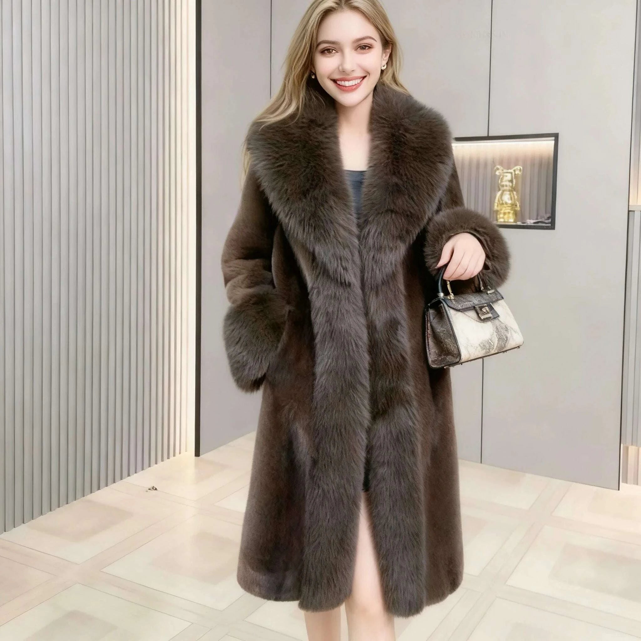 KIMLUD, Long Coat Faux Fur Coats Women Thick Warm Turn Down Collar Y2k Streetwear Work White Outerwear Jackets Elegant Fur Autumn Winter, KIMLUD Womens Clothes