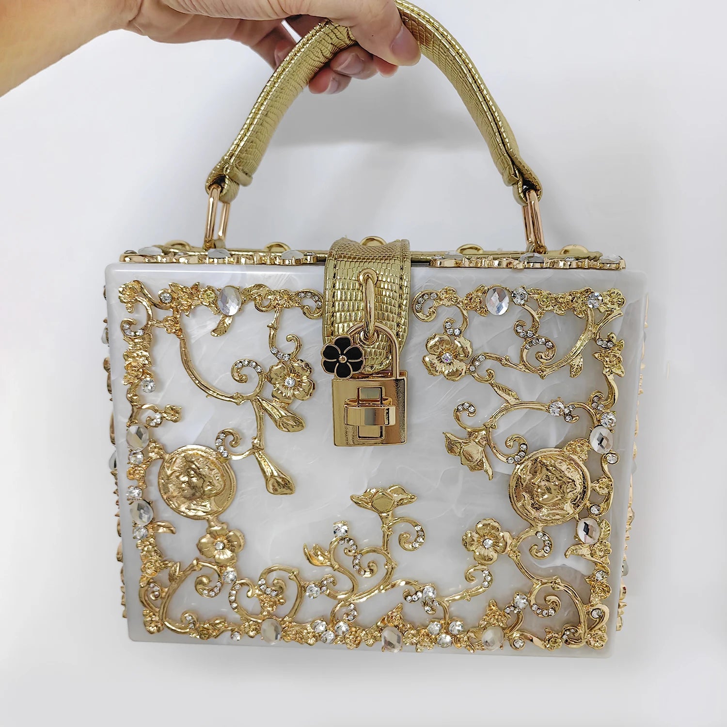 Acrylic Box Clutch Rhinestone Embroidery Champagne-Gold Double-Row Detailing — Ivory | KIMLUD