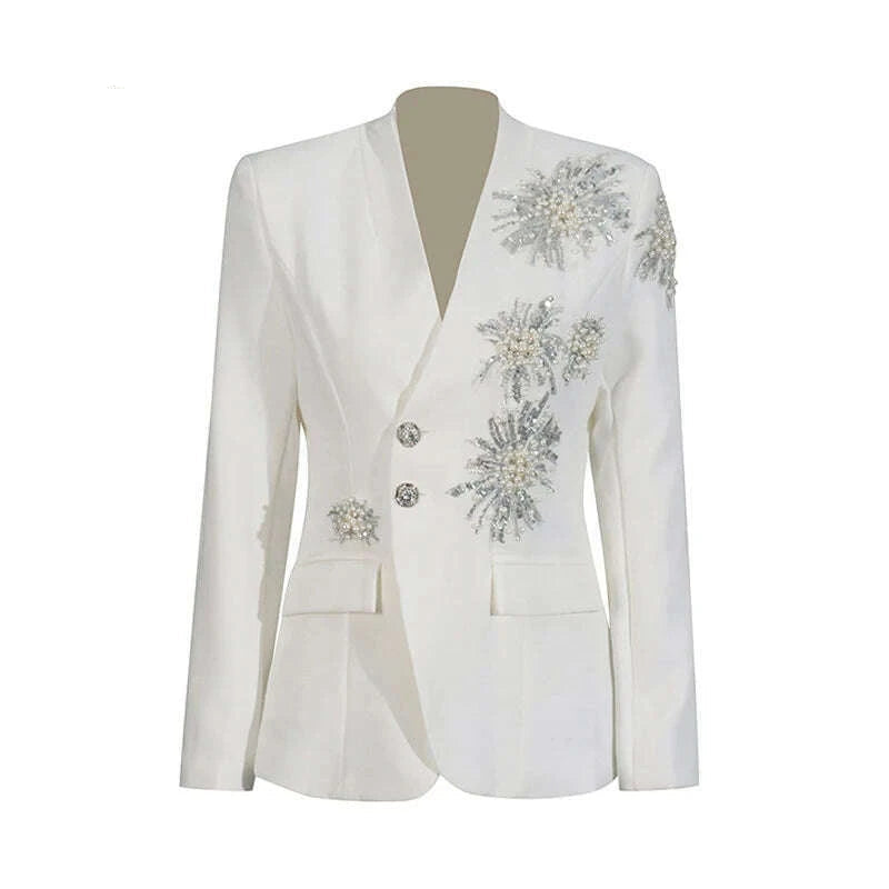 KIMLUD, CHICEVER Solid Spliced Beading Slimming Blazer for Women Notched Collar Long Sleeve Patchwork Button Formal Coat Female Fashion, KIMLUD Womens Clothes