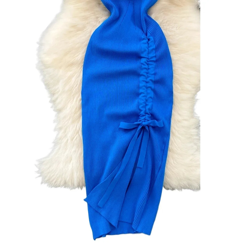 Ribbed Knit Ruched Bodycon Dresses — Blue | KIMLUD