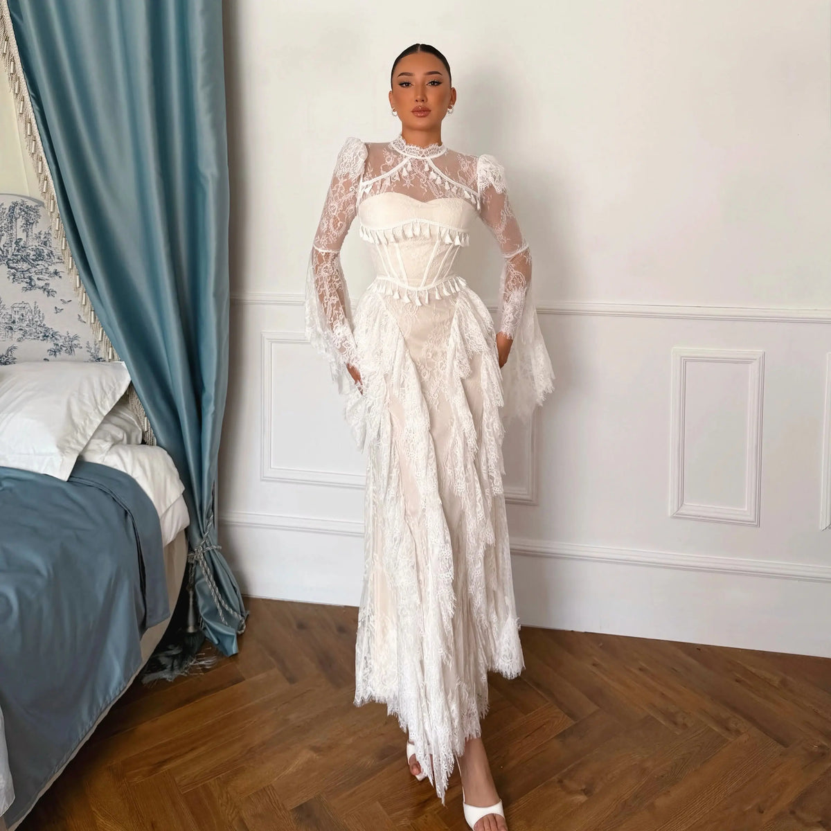 Maxi Dress – High Neck Lace Long Sleeve – Lace – White | KIMLUD