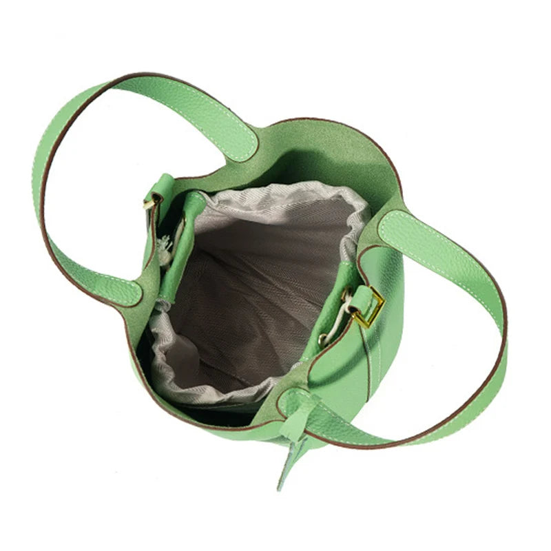 Head Layer Cowhide Leather Bucket Bag Large Capacity — Taupe | KIMLUD