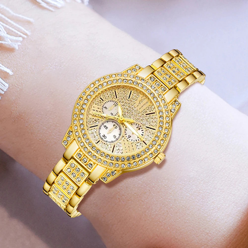 Women's Quartz Watch Gold Luxury Women Ring Necklace Earring Rhinestone Fashion Wristwatch Casual Ladies Watches Jewelry Set 