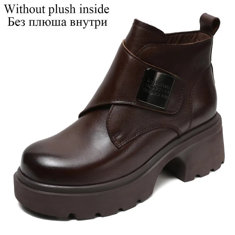 DRKANOL Wide Head Design Women Platform Boots Autumn Winter Warm Thick High Heel Hool And Loop Metal Genuine Leather Ankle Boots
